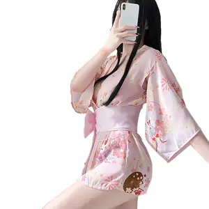 Vendita calda donne Geisha giapponese Sakura Obi cintura g-string Lingerie Erotic Hot Sex Red Satin Kimono Set Costume Sexy