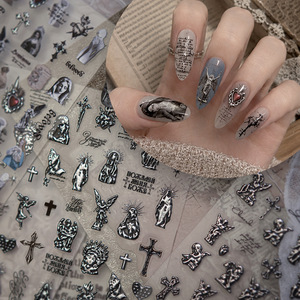 Autocollants pour ongles en PVC imperméables, fins et adhésifs, style gothique grunge, en gros, motifs croix noire et argentée, ange, Vierge Marie, pour fournitures de salon - Product Image 1