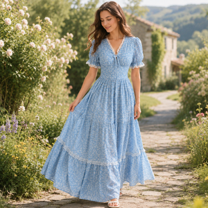 Robe longue personnalisée à imprimé floral pour <span class=keywords><strong>femme</strong></span>, manches bouffantes, col en V, style bohème à volants, idéale pour les invitées de mariage estivales - Fournisseur en gros - Product Image 4