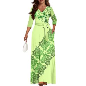 Dear Polynesian Tribe personalizado gran oferta flor verde manga larga cuello en V hueco mujeres Casual elegante vestido Hawaiano estampado a pedido - Product Image 4