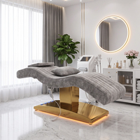 Lit de beauté électrique rose pour pédicure avec lumière LED et base dorée, lit de massage pour soins du visage pour salon, spa, esthéticienne