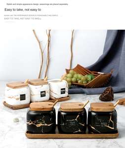 Prix de gros bidon de stockage des aliments 3 pièces bols à sucre ensemble de pots à café en céramique pot d'assaisonnement en céramique avec couvercle cuillère et plateau - Product Image 3