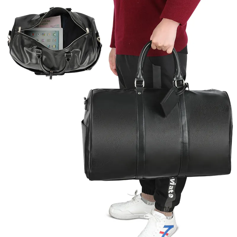Custom Luxury Designer Waterproof Black Leather Men Weekender Overnight Duffel Bag Travel Bags
