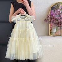 Robe de fête d'été pour petites filles avec nœud en maille et volants, robe en tulle superposée pour petites filles