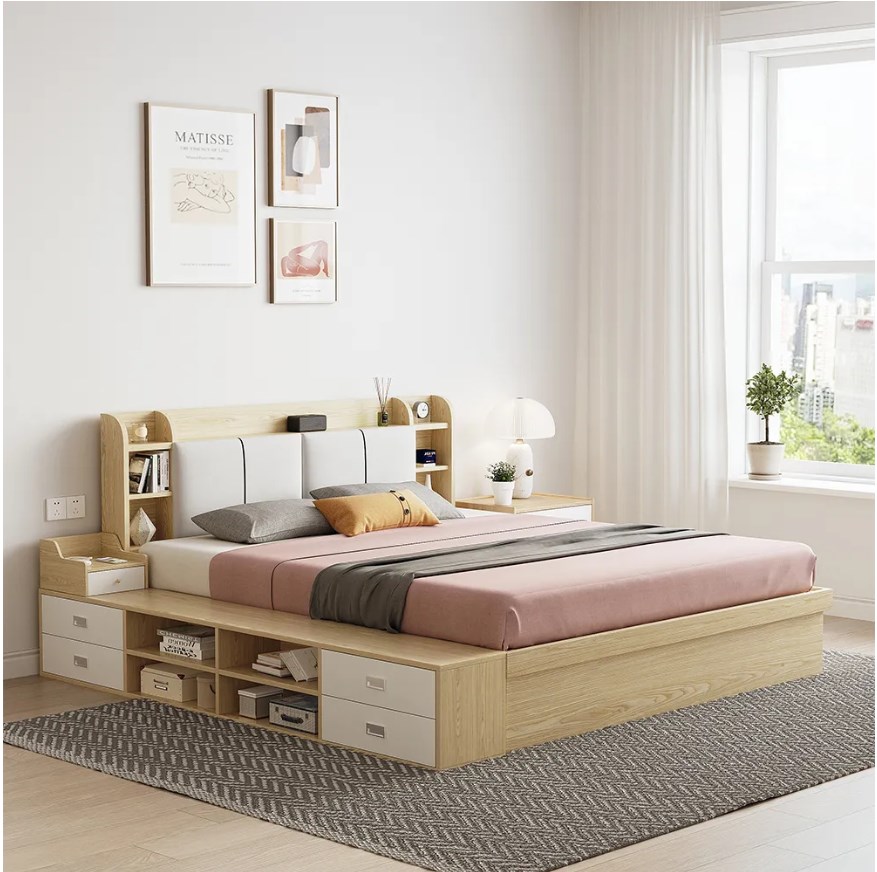 Queen wooden upholstered headboard drawers storage bed
