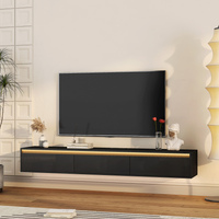 Meuble TV flottant sur pied avec éclairage LED, prise de courant, bois noir brillant, rangement réglable pour téléviseurs jusqu'à 65 pouces, idéal pour salon