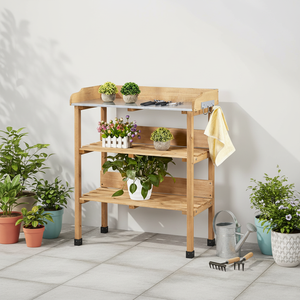 Table de jardin <span class=keywords><strong>en</strong></span> bois pour la horticulture avec plateau <span class=keywords><strong>en</strong></span> métal, étagère de rangement et 3 crochets, peinte - Product Image 1