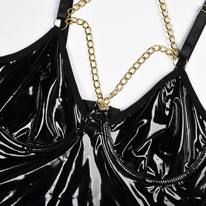 Lencería de cuero erótica negra para mujer, lencería de 5 piezas con cadena, sujetador Halter Sexy con cadena, traje gótico travieso, ropa interior Sexy negra - Product Image 4