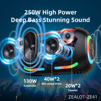 Altavoz Portátil ZEALOT ZE41 de 250W, Altavoz Inalámbrico 5.3 para Exteriores, con Bajos Potentes, Luces RGB, Resistente al Agua IPX5, USB, TF, FM