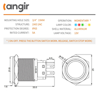 Interrupteur à bouton-poussoir en métal 1NO1NC 19 mm, petite taille, commandes de voiture, interrupteur momentané anti-vandalisme, 12 V 5 A IP65/IK09