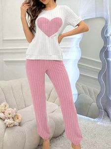 <span class=keywords><strong>Pijama</strong></span> de dos piezas para <span class=keywords><strong>mujer</strong></span>, de <span class=keywords><strong>manga</strong></span> <span class=keywords><strong>corta</strong></span>, cintura elástica, pantalón <span class=keywords><strong>largo</strong></span>, estilo dulce y amoroso, ropa de casa suave y cómoda para otoño. - Product Image 5