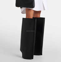 Nouvelle Botte Haute pour Femme à Talon Compensé en Cuir de Veau Mat, Volume Exagéré, Coupe Droite, Jambe Large, 110mm, Noire