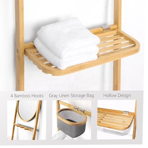 Moderno Portasciugamani Multifunzionale in Bambù per Bagno con Specchio, <span class=keywords><strong>Cestino</strong></span> e Rastrelliera Non Pieghevole per Vestiti e Coperte - Product Image 6