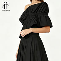 Robe midi élégante pour femme, à épaules dénudées, avec volants et fronces, noire, coupe ajustée, style A-line, pour soirée, fête ou club, OEM personnalisé