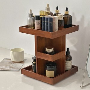 Rotating Solid Wood Cosmetic Organizer Tiered <b>Desktop</b> Storage For Makeup And Skincare Items Natural Wood Color - Product Image 2