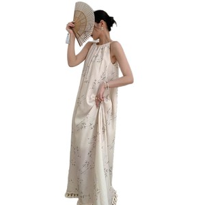 Chinese Style Floral Halter Neck Dress Loose Fit Long Skirt With Tassel Hem For Summer Beach Vacation - Product Image 5