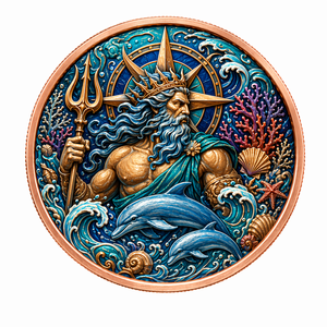 Pièce de monnaie en cuivre Poseidon, Dieu de la Mer, 5 AVDP oz .999, relief 3D haute définition, couleur UV, Trident, Dauphin, Art Mythique, Pièce de collection en cuivre - Product Image 1
