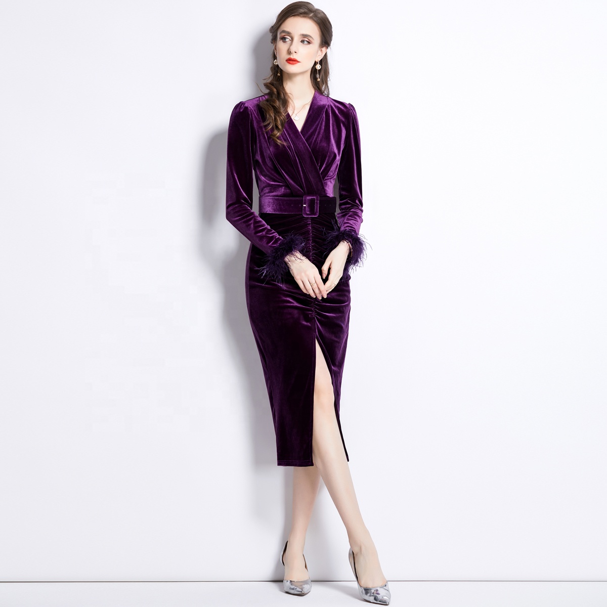 Elegant Purple Dress - Velvet V-Neck Split Waist Women's Dress