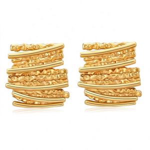 <b>Vintage</b> <b>French</b> Long Bar Earrings Brass Anniversary Unique Diamond Geometric Pattern Niche Texture Wrinkle Overlapping Stick Stud - Product Image 1