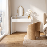 Coiffeuse moderne minimaliste en bois crème avec miroir éclairé, hauteur réglable, pliable, rangement maquillage pour chambre et salon