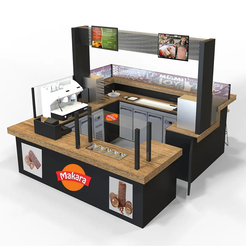 현대 커피 숍 인테리어 디자인 유리 디스플레이 캐비닛 장식 캐비닛 상점 앞 바 가구 사용자 정의 커피 바 카운터