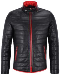 Chaqueta de Hombre Personalizada 100% Cuero Genuino Negro y Rojo, Acabado Suave, Cierre YKK, Marca Privada OEM/ODM, Estilo Casual Elegante - Product Image 1