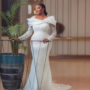 <span class=keywords><strong>Robe</strong></span> de mariée sirène <span class=keywords><strong>blanche</strong></span> personnalisée Aso Ebi en dentelle brodée avec traîne chapelle, ajustée et sexy, à manches longues - Product Image 2