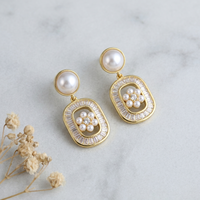 Boucles d'oreilles clous avec perles et zircons baguette, plaqué or 14K sur laiton, style vintage, luxe, tendance, sans nickel, personnalisables OEM pour fêtes