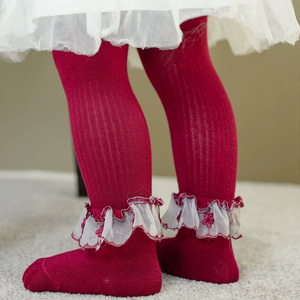 Leggings moulants en dentelle évasée pour filles, bas tricotés à pieds pour enfants, collants en coton peigné pour bébé - Product Image 3