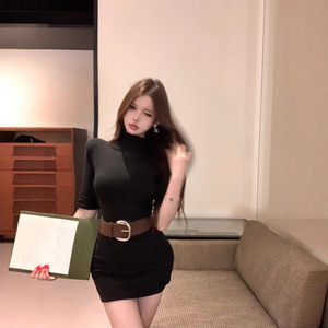 Black Turtleneck Mid Sleeve Dress Women Fitted Waist Slim Fit Solid Color Office Casual Mini Skirt JY 8378 - Product Image 1