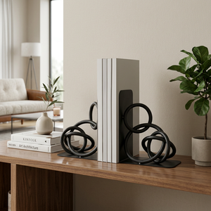 AK Brass Black Round Rings Metal <b>Bookends</b> Set Of 2 Unique Decorative Book Ends for Home Office Library Shelf Decor - Product Image 2