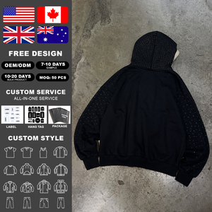 Sweat à capuche zippé noir surdimensionné en coton épais avec motif graphique en strass et bordure en fourrure pour hommes, style streetwear - Product Image 2