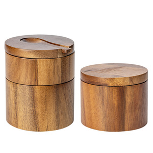 Pot à sel en bois d'acacia avec couvercle et cuillère, organisateur de rangement simple couche pour épices, idéal pour le dropshipping Shopify - Product Image 1