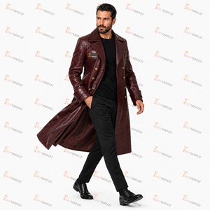 <b>Men's</b> Genuine Leather Long Trench Coat <b>Double</b> <b>Breasted</b> Notched Lapel Embossed Finish With Button Closure - Product Image 2