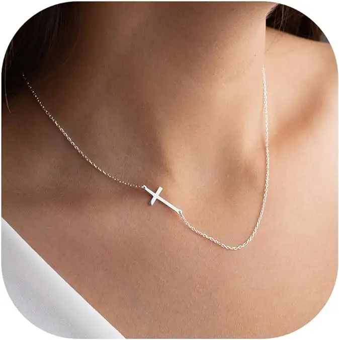 18K Gold Plated Diagonal Cross Necklace for Women with Small Side Choke Ring Necklace