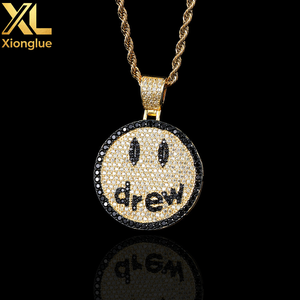 Hot Sale Hip Hop Rapper Jewelry Valentine's Day Gift <b>Iced</b> <b>Out</b> Smile Face Round Drew Pendant Necklace for Couple - Product Image 2