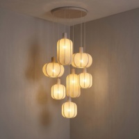 Lampu Gantung Linen Wabi Sabi 7-Lampu, Lampu Plafon Kain Bergaya Japandi untuk Tangga, Foyer, Ruang Tamu