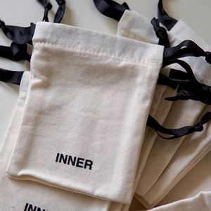 Custom Logo Calico Cotton Gift Jewelry Ring Bag Eco-Friendly Organic Cotton Recyclable <b>Drawstring</b> <b>Pouch</b> with Black Ribbon - Product Image 5