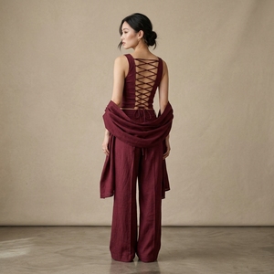 ชุดเซ็ตเสื้อกล้ามคอตั้งผ้าฝ้ายลินินทอลายเรียบสีพื้นสำหรับผู้หญิงใส่สบายระบายอากาศได้ดี เหมาะสำหรับฤดูร้อน - Product Image 2
