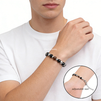 Bracelet tendance en agate noire facettée pour homme avec chaîne et fermoirs réglables en acier inoxydable