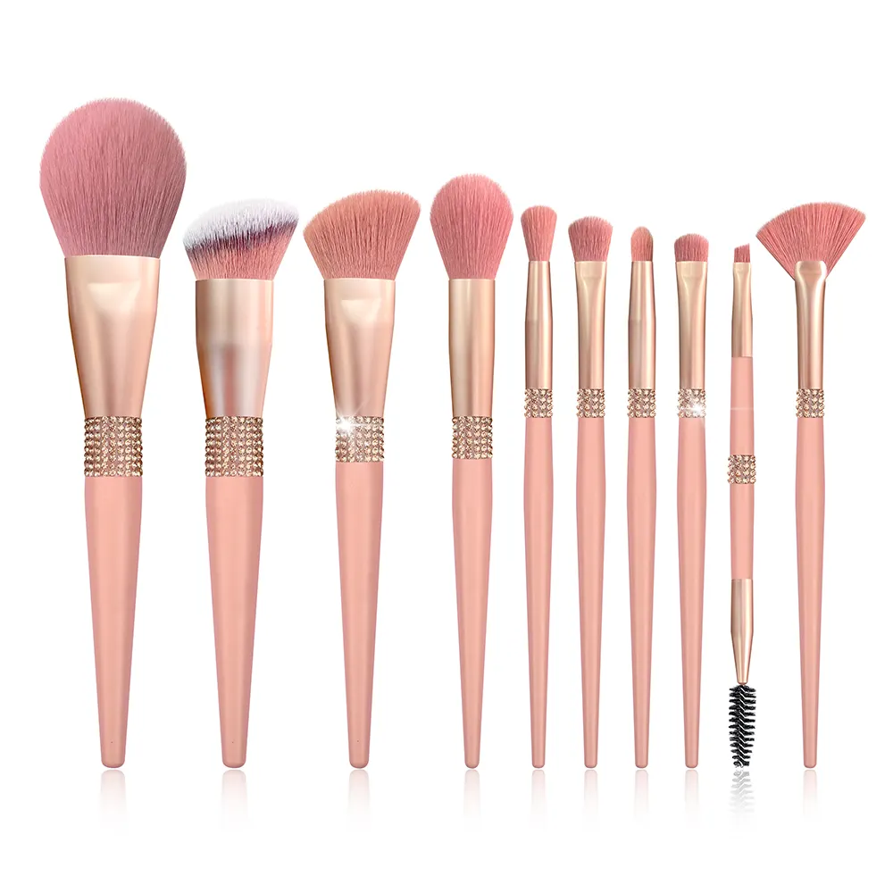 BUEYA 10-teiliges rosa Make-Up Pinsel-Set individuelles Logo Strass Kristall hochwertiges Bling-Grundstiftungs-Lidschatten-Pinsel-Set