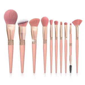 BUEYA 10 Pieces Pink Makeup Brushes Set Custom Logo Rhinestone Crystal High Quality Bling Foundation Eyeshadow Brush Set