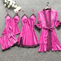 Pyjama en dentelle pour femmes Chemise de nuit en dentelle avec coussin de poitrine Pyjama en dentelle sexy Ensemble quatre pièces
