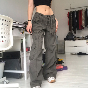 Pantalones Cargo Verde Oliva para Mujer, Cintura Baja, Corte Holgado, Estilo Hip Hop, con Múltiples Bolsillos, Pantalones Casuales - Product Image 5