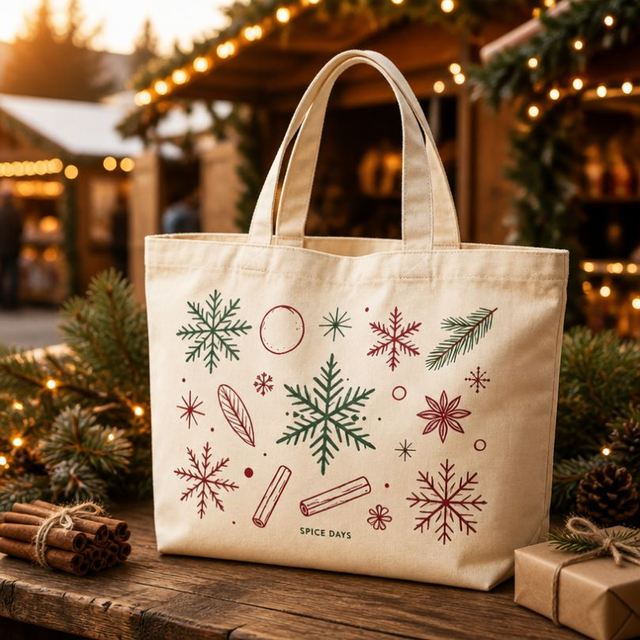 Winter Christmas Themed Textile Canvas Tote Bag Soft Raw Material Custom Art Design Holiday Shopping Handbag