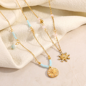 Stainless Steel Beaded Necklace With Natural Stone And Diamond Pendant Circle Sun <b>Design</b> Trip Fashion Jewelry - Product Image 4