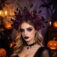 Bando Rambut Mawar Halloween Vintage Barat, Hiasan Kepala Bunga Daun Hitam yang Dapat Dipersonalisasi, Kain Buatan Tangan untuk Cosplay dan Pesta Topeng