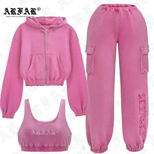 Customized Zipper Hoodie Set Women Three Piece Set Women Active Wear Blank Street Wear Set Sexy Ladys