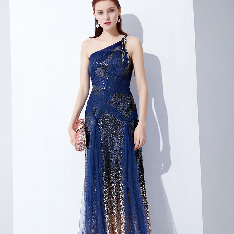 Individualty Party Lady Dress Bodycon Blue Golden Silk Ribbons Sequins Custom Lady Evening Dress