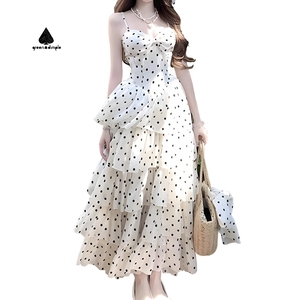 Yüksek kalite lüks katmanlı fırfır uzun elbise yaz Polka Dot baskılı kadınlar rahat elbise V boyun seksi Maxi moda parti elbise - Product Image 5